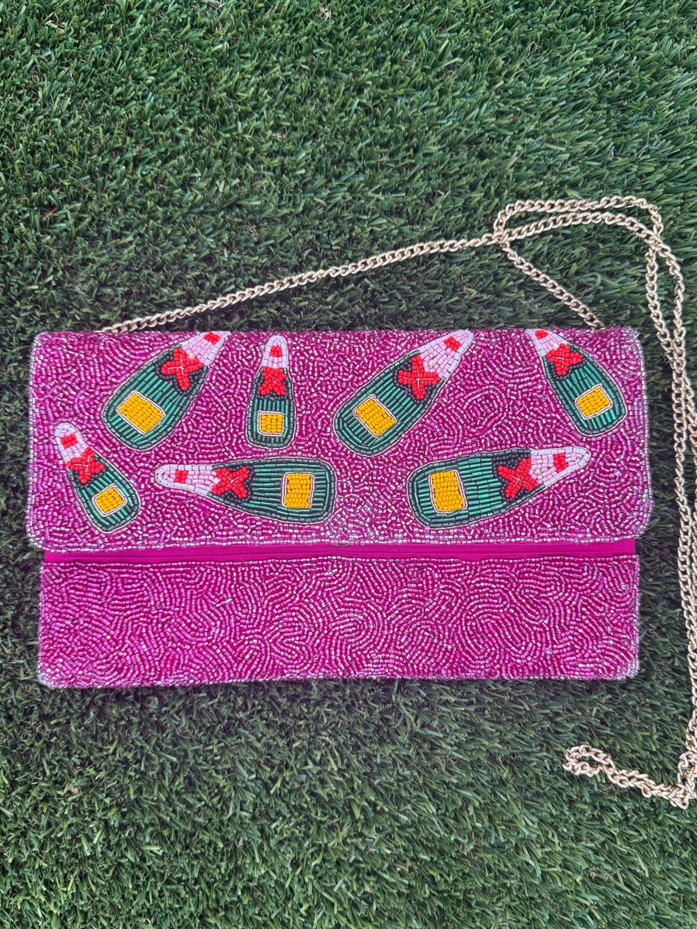 Beaded Pink Champagne Bottle Clutch Crossbody with Gold Chain